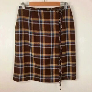 VTG Y2K Sag Harbor Wool Blend Plaid Fringe Western Skirt Wrap Button Size 10
